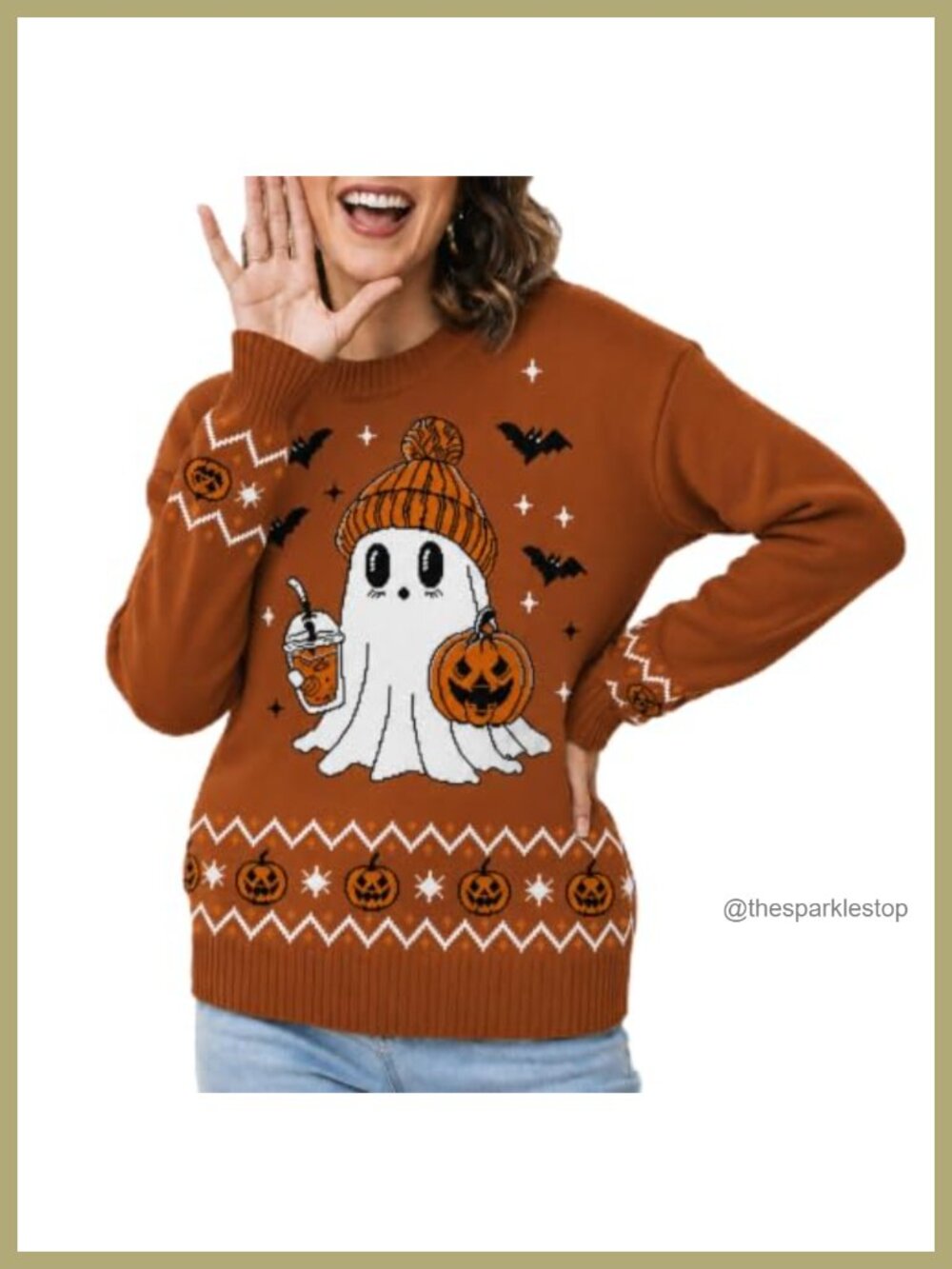 Halloween Sweater Women 100% Acrylic Knit Ghost Pumpkin Pullover